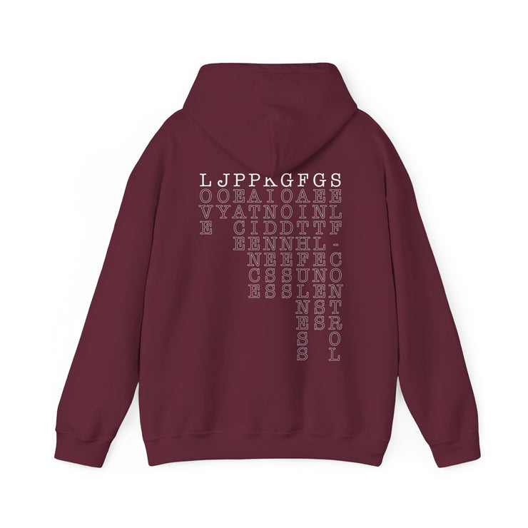 Maroon pullover hoodie with Fruit of the Spirit acrostic graphic based on Galatians 5