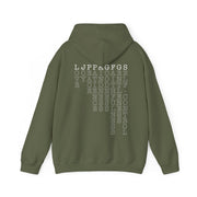 Military green pullover hoodie with Fruit of the Spirit acrostic graphic based on Galatians 5