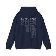 Navy blue pullover hoodie with Fruit of the Spirit acrostic graphic based on Galatians 5