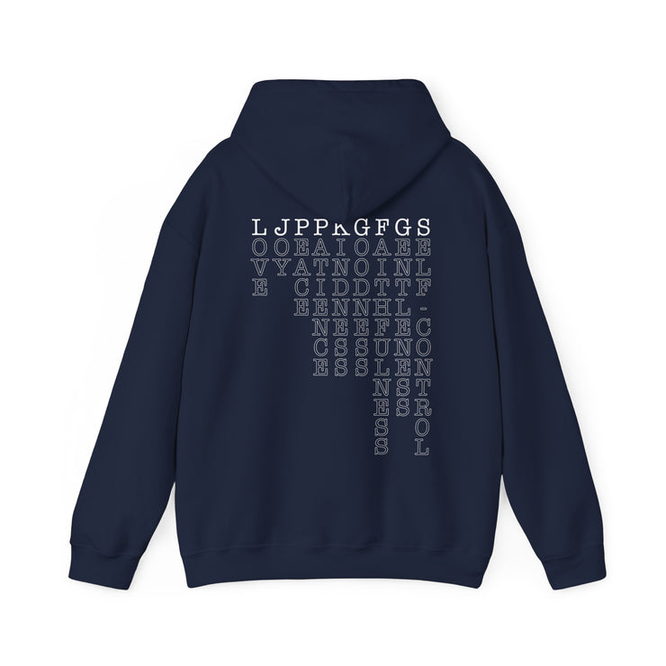 Navy blue pullover hoodie with Fruit of the Spirit acrostic graphic based on Galatians 5