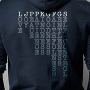 Navy blue pullover hoodie with Fruit of the Spirit acrostic graphic based on Galatians 5