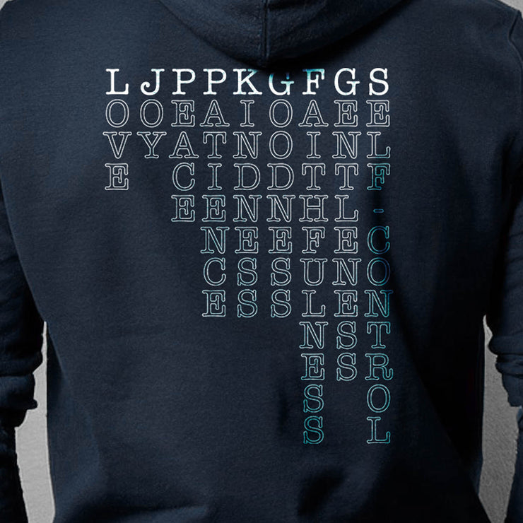 Navy blue pullover hoodie with Fruit of the Spirit acrostic graphic based on Galatians 5
