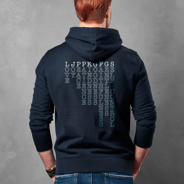 Navy blue pullover hoodie with Fruit of the Spirit acrostic graphic based on Galatians 5