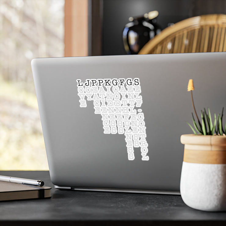 Vinyl decal on laptop with Fruit of the Spirit acrostic graphic based on Galatians 5