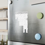 Vinyl decal on refrigerator with Fruit of the Spirit acrostic graphic based on Galatians 5