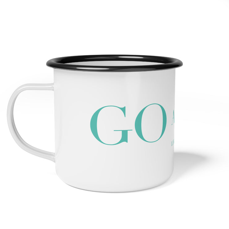 White campsite mug with GO and DO graphic based on Luke 10:36