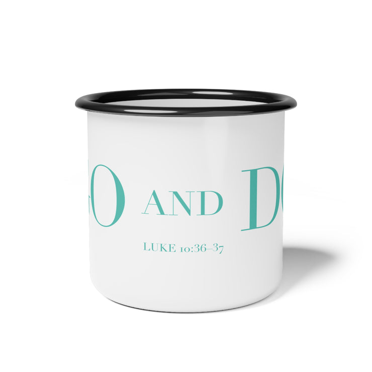 White campsite mug with GO and DO graphic based on Luke 10:36
