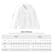 White hoodie with measurement chart on a white background