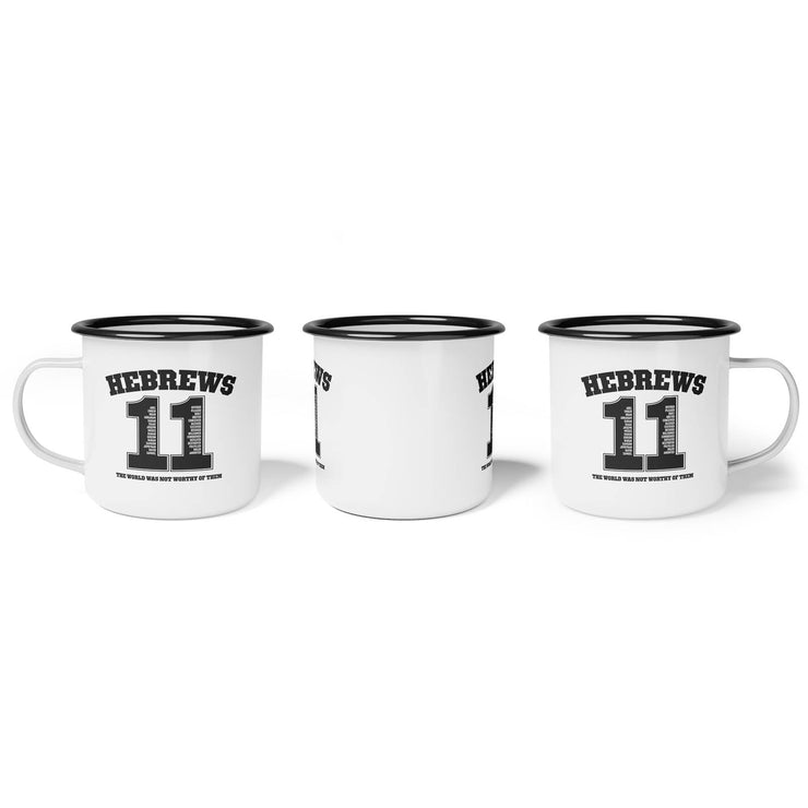 White camp mug with design based on Hebrews 11