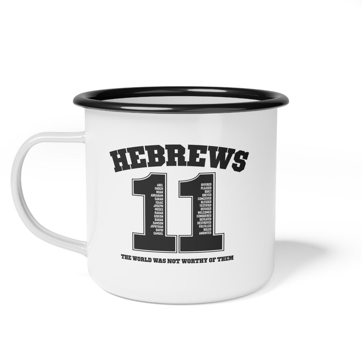 White camp mug with design based on Hebrews 11