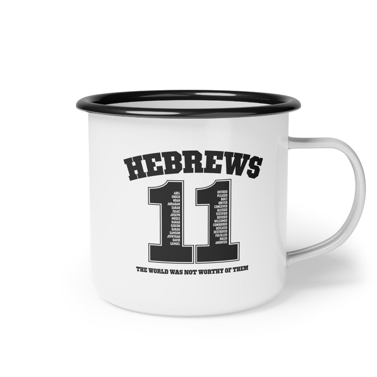 White camp mug with design based on Hebrews 11