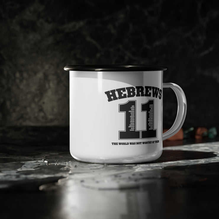 White camp mug with design based on Hebrews 11