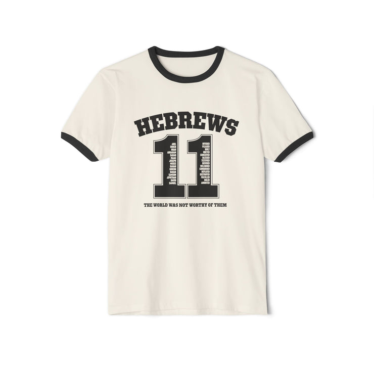 Natural/Black Ringer Tee with design based on Hebrews 11
