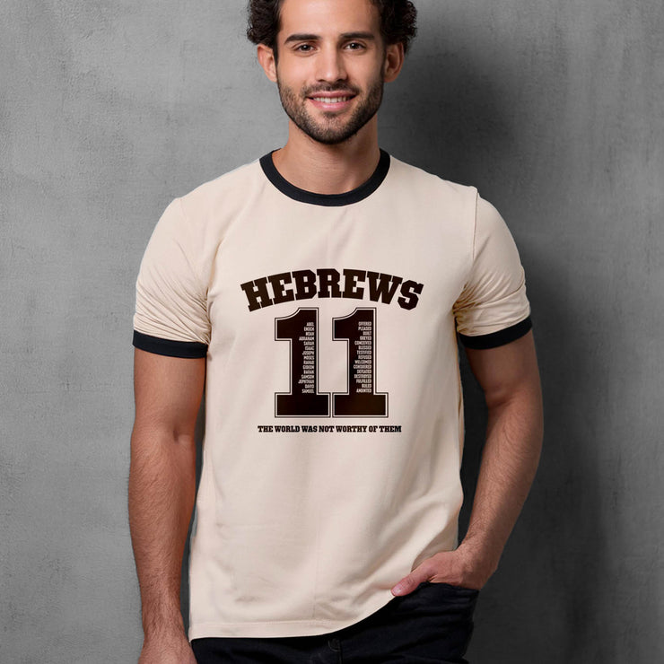 Natural/Navy Ringer Tee with design based on Hebrews 11 on male