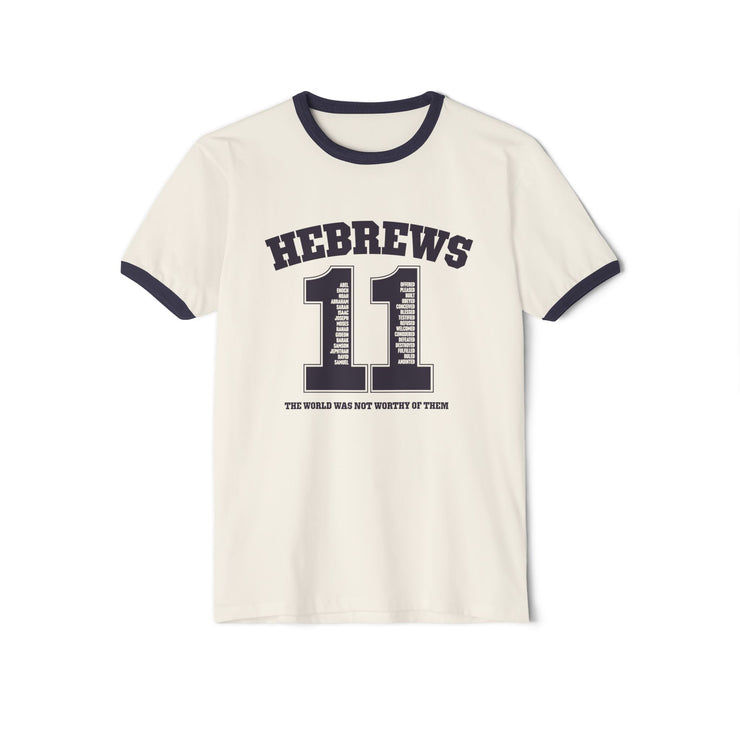 Natural/Navy Ringer Tee with design based on Hebrews 11