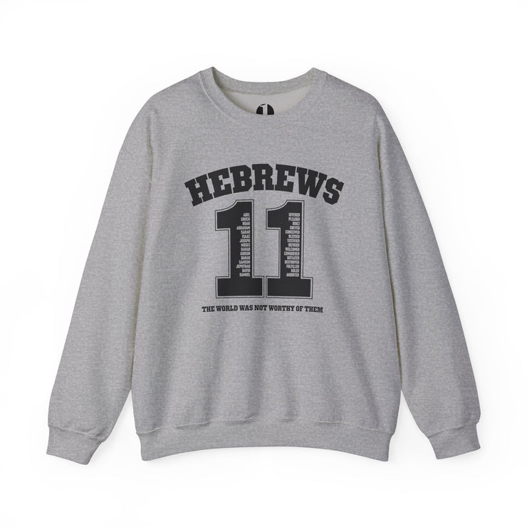 Athletic heather gray sweatshirt with design based on Hebrews 11