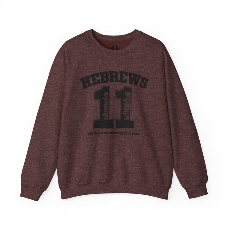 Maroon heather sweatshirt with design based on Hebrews 11