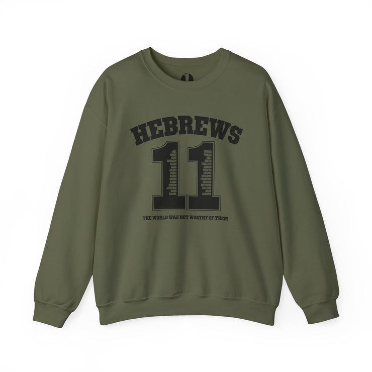 Military green sweatshirt with design based on Hebrews 11