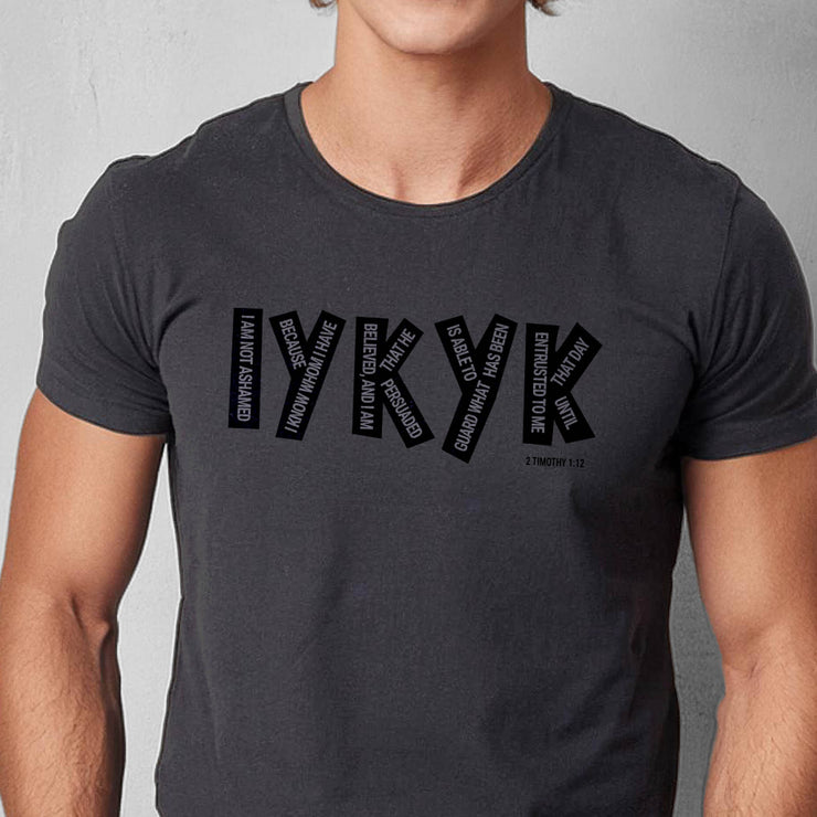 IYKYK T-shirt with graphic based on 2 Timothy 1:12 – Heather Prism Blue