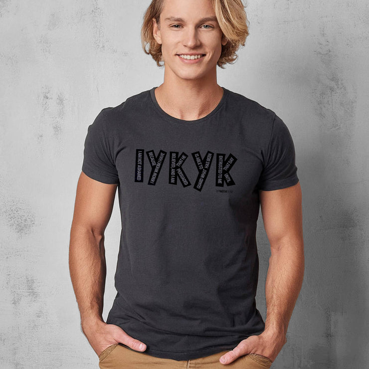 IYKYK T-shirt with graphic based on 2 Timothy 1:12 – Heather Prism Blue