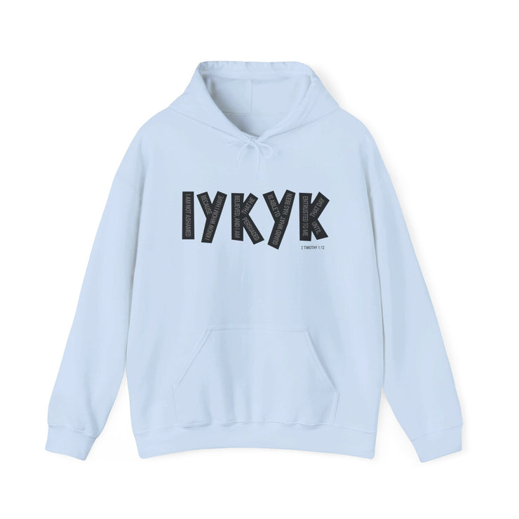 Light blue pullover hoodie with IYKYK graphic based on 2 Timothy 1:12
