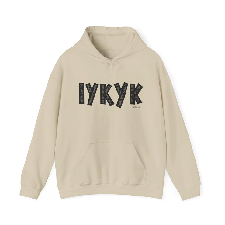 Sand pullover hoodie with IYKYK graphic based on 2 Timothy 1:12