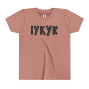 Mauve t-shirt with 'IYKYK' text on a white background