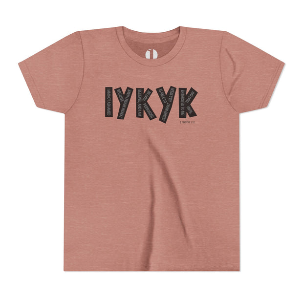Mauve t-shirt with 'IYKYK' text on a white background
