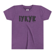 Purple t-shirt with black text on a white background