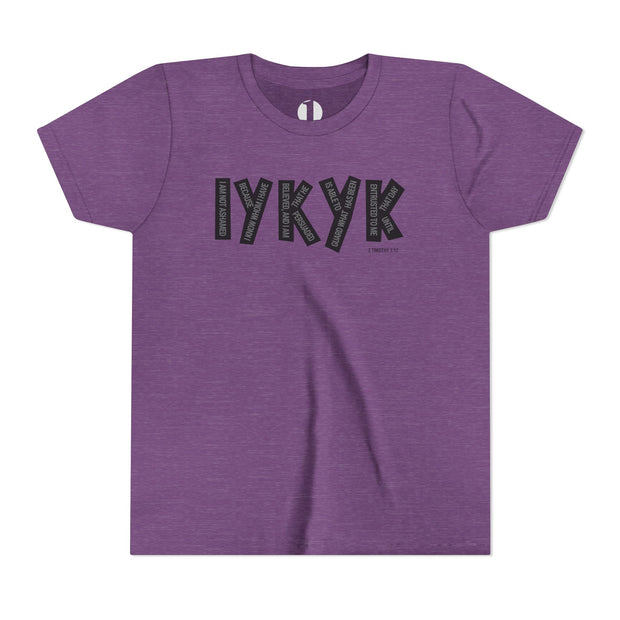 Purple t-shirt with black text on a white background