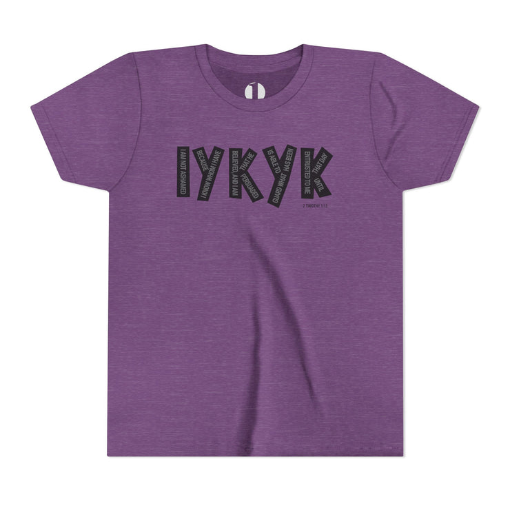 Purple t-shirt with black text on a white background