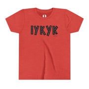 Red t-shirt with black text on a white background