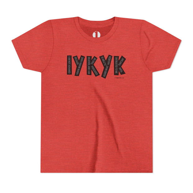 Red t-shirt with black text on a white background