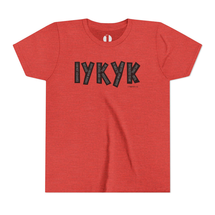 Red t-shirt with black text on a white background
