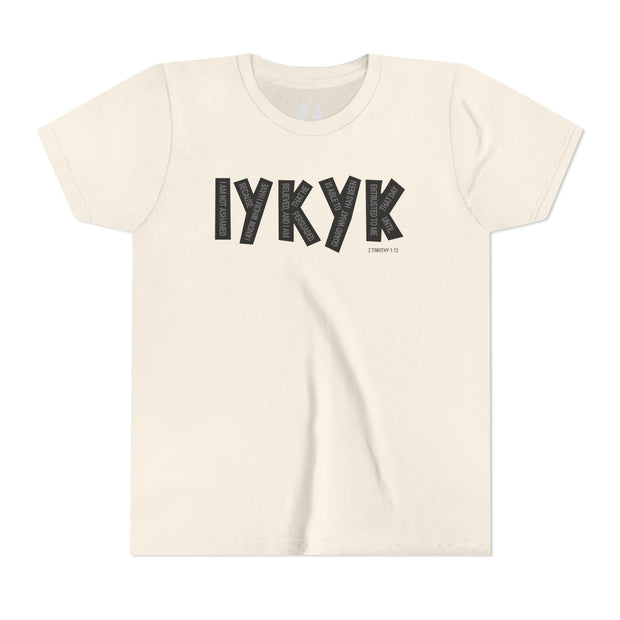 Cream t-shirt with 'IYKYK' text on a white background