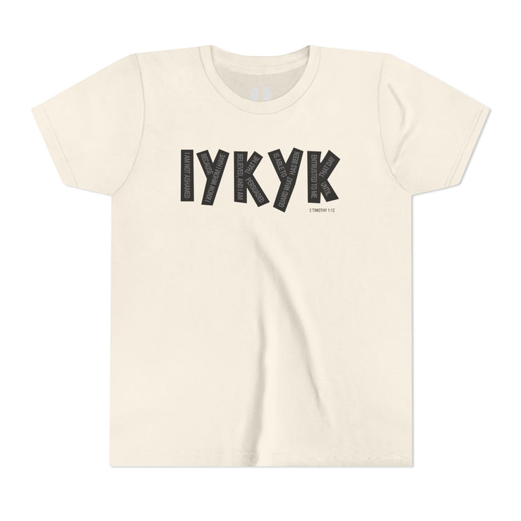 Cream t-shirt with 'IYKYK' text on a white background