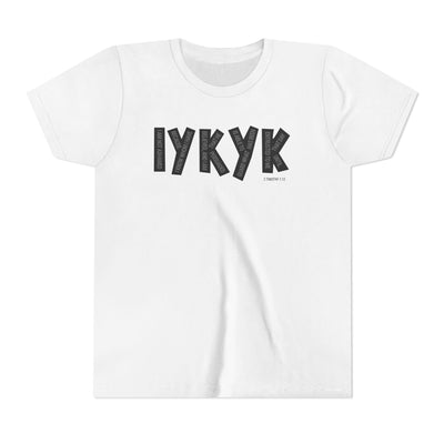 White t-shirt with black text 'IYKYK' on a white background