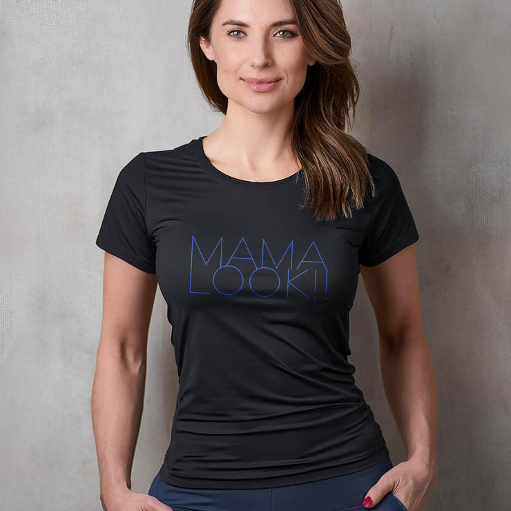 Black womens tee for boy moms with Mama Look with blue fashionista style graphic