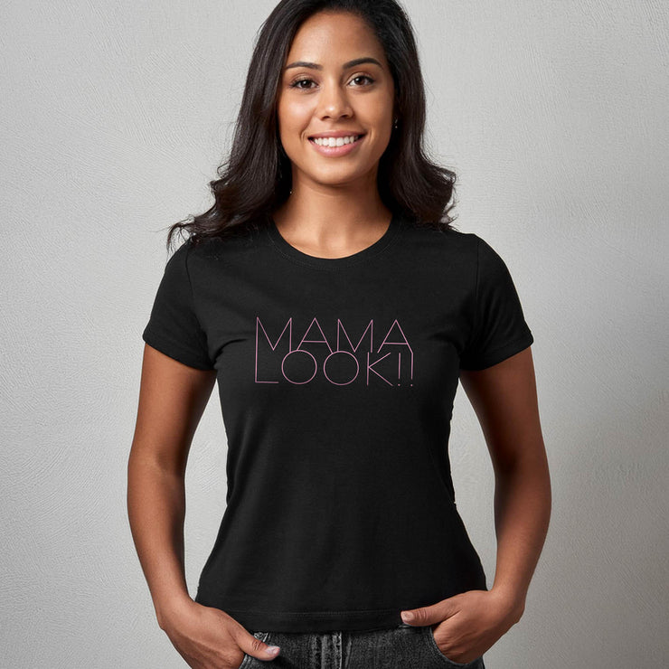 Black womens tee for girl moms with Mama Look with pink fashionista style graphic