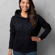 Black hoodie on woman with 'MAMA LOOK!' graphic