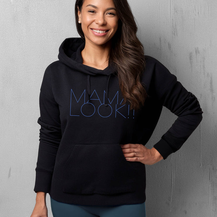 Black hoodie on woman with 'MAMA LOOK!' graphic