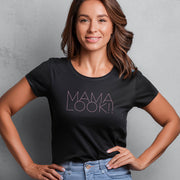 Woman wearing a black t-shirt with 'MAMA LOOK!!' graphic