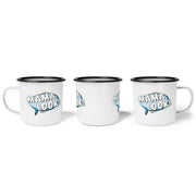 Three white mugs with black rims featuring 'MAMA LOOK!' text on a white background
