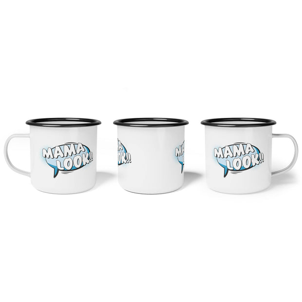Three white mugs with black rims featuring 'MAMA LOOK!' text on a white background