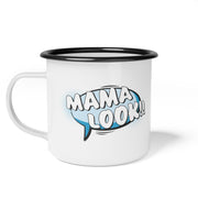 White mug with black rim featuring 'MAMA LOOK!!' text in a comic book style speech bubble on a white background.