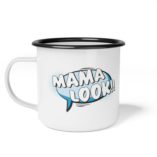 White mug with black rim featuring 'MAMA LOOK!!' text in a comic book style speech bubble on a white background.