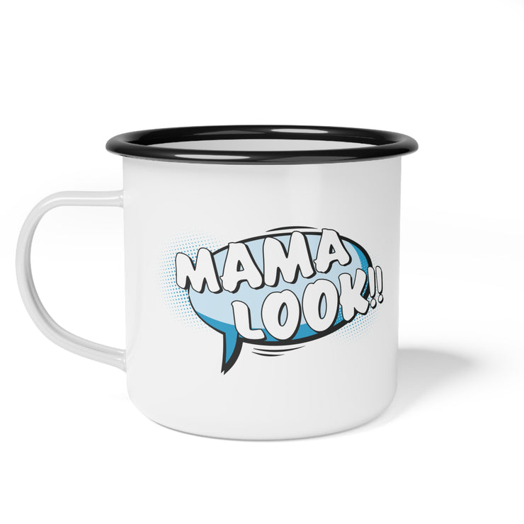 White mug with black rim featuring 'MAMA LOOK!!' text in a comic book style speech bubble on a white background.
