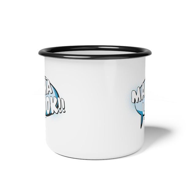 White mug with black rim and handle featuring 'MAMA LOOK!!' text in a comic book style speech bubble on a white background.