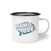 White mug with black rim and handle featuring 'MAMA LOOK!!' text in a comic book style speech bubble on a white background.