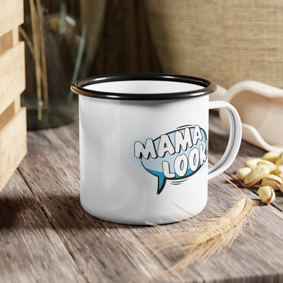 White mug with black rim and handle featuring 'MAMA LOOK!!' text in a comic book style speech bubble on a white background.
